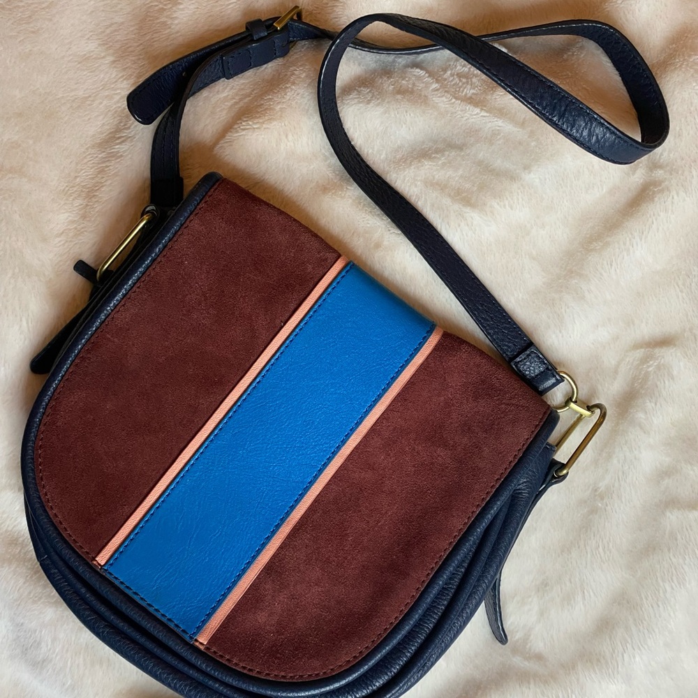 Fossil Brown Navy Blue and Coral Colorblock Crossbody